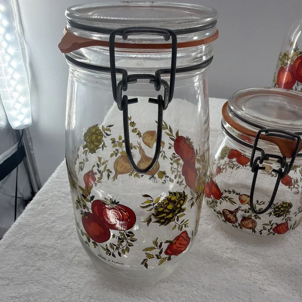 ARC France Vintage Spice Of Life Mushroom Veg Glass Canister Jar Set Of 4 1970s